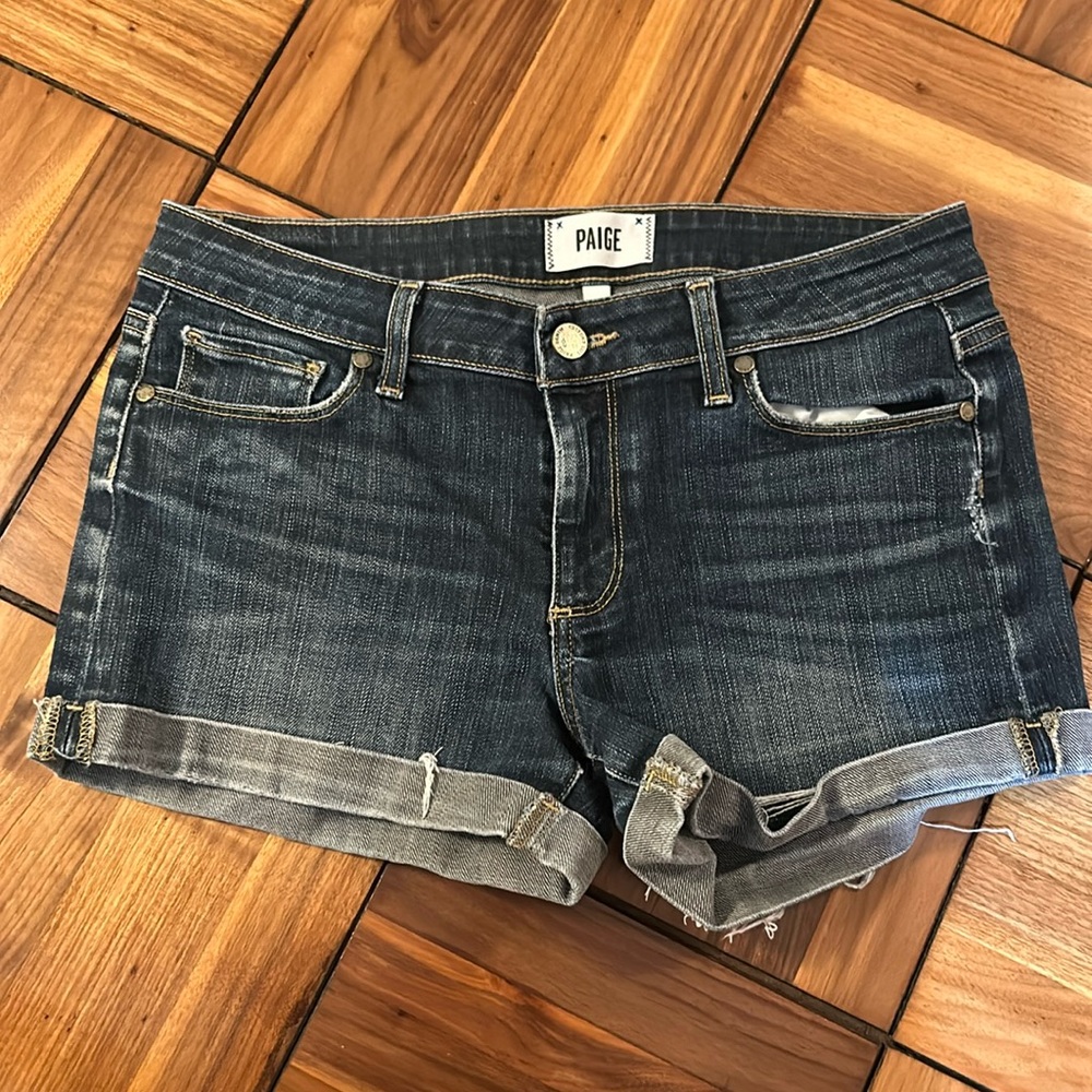 Paige stretch denim shorts:11” top to bottom